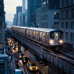 futuristic metro train drives on overpass bridge over busy nyc street, cinematic lighting