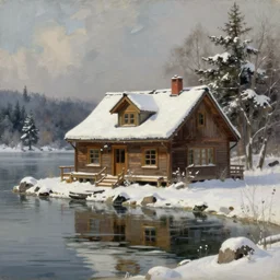 an oil painting of a lakehouse in winter, masterpiece, highly detailed, high quality, 4 k, anatomically correct, hyperrealistic, concept art, octane render, unreal engine 5, trending on artstation, trending on deviantart, matte, historical painting, fantasy style, path traced, high coherence, soft lighting, digital painting, mythical, by leonardo da vinci