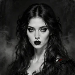 highly detailed oil painting | very intricate | cinematic lighting | black, white and blood color scheme, dark background | portrait of a exquisite beautiful vampire girl with long elegant tangles of black hair, eyes, gothic fog ambience, hyper realistic head, fantasy victorian art, in the style of greg rutkowski, zdizslaw beksinski, intricate, alphonse mucha