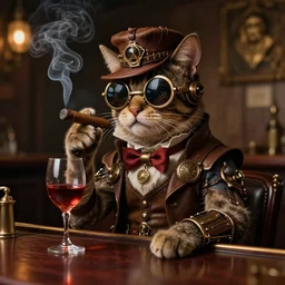 A steampunk cat , sitting at a bar, smoking a cigar, enjoying a glass of wine, in the style of Rembrandt