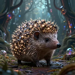 intricate hedgehog with leds instead of needles, on the background of a weird magical mechanical forest. Very detailed 8k. Fantasy cyberpunk horror. Sharp. Cinematic post-processing. Unreal engine. Nanite. Ray tracing. Parallax. Tessellation