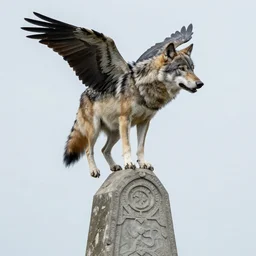 A wolf with the wings and beak of a crow perched on top of a stone obelisk, realistic midshot photo of the wolfish chimera, anatomically correct