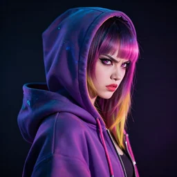 tomboy cyberpunk goddess in hoodie, side portrait, vi, angry, striking, defiant, spotlight, vibrant colors, beautiful eyes, by marco paludet and gianni strino and marion bolognesi