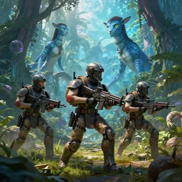 Colonial Marines fighting Navi from Avatar, artstation, award winning, digital art, Pandora Jungle, science fiction, Pulse rifles,