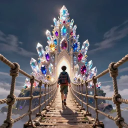android crossing a rickety rope bridge looking up at a tower of crystal and gemstone, digital art, artstation, dramatic lighting, forced perspective, vibrant and stylized