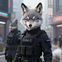 beautiful furry art portrait commission of a female furry anthro wolf fursona both wearing a tactical swat uniform in the streets of a cyberpunk city at night in the snow. neon signs. character design by charlie bowater, ross tran, artgerm, and makoto shinkai, detailed, inked, western comic book art
