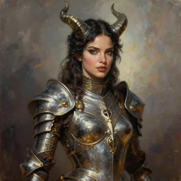 a beautiful woman with horns and armor, victorian armor, adriana lima, painted by artgerm and tom bagshaw, fantasy art, dramatic lighting, highly detailed oil painting, volumetric lighting