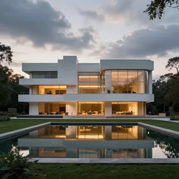 a luxurious house, brutalist architecture, ( le corbusier ), reflective glass, pond, glowing lights, trees, daytime, cloudy sky, sunset, epic lighting, subtle colors, concept art, detailed illustration, centered, hd, 4 k, photorealistic, digital art, greg rutkowski, dan mumford, ruan jia, trending on artstation
