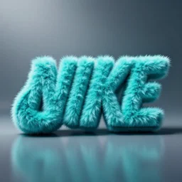 nike logo made of very fluffy cyan faux fur placed on reflective surface, professional advertising, overhead lighting, heavy detail, realistic by nate vanhook, mark miner