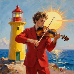 a man in red playing the violin next to a yellow lightinghouse, the sun is shining and the ocean is blue, Painting, Fine Art, Unreal Engine, Karol Bak
