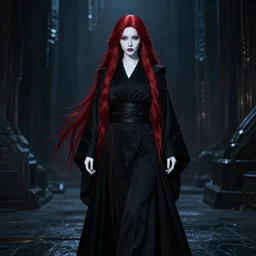 beautiful female sith warrior with smooth porcelain white skin and long flowing red hair, wearing black robes with dark red highlights, in dark futuristic city, shadowy gothic aesthetic, cinematic full body portrait, professional cosplay photo, centered composition, detailed, cinematic lighting, moody, nighttime, very dark