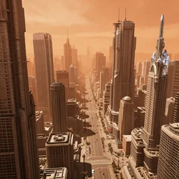 a cityscape of a civilization millennia more advanced than our own with raypunk gothic aesthetics, brutalist architecture and an endless sprawl of streets as far as human eyes can see, giger influences, crystalline accent, tangerine scented contrasting coloration