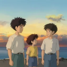 sunset, beach, cute boys, in the style of studio ghibli, j. c. leyendecker, greg rutkowski, artgerm