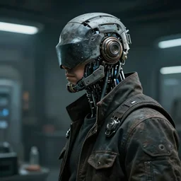 a masked rugged laboratory engineer man with cybernetic enhancements as seen from a distance, scifi character portrait by greg rutkowski, craig mullins, 1 / 4 headshot, cinematic lighting, dystopian scifi gear, gloomy, profile picture, mechanical, cyborg, half robot, implants, dieselpunk