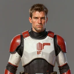 portrait of a man by greg rutkowski, a soldier of the galactic triunvirate wearing a red and white tactical gear, star wars expanded universe, highly detailed portrait, digital painting, artstation, concept art, smooth, sharp foccus ilustration, artstation hq