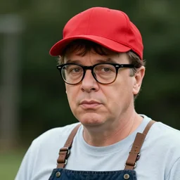 a photograph of a young alfred hitchcock with wayfarer glasses and red baseball cap having a barbecue, by floro dery, shoji kawamori, and greg rutkowski, artstation, concept art, high quality illustration, mtmte, cover art