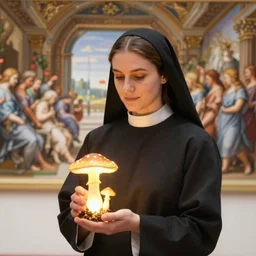 “HD 4K Female catholic priest holding a glowing sacred mushroom, in the style of school of Athens by Raphael”