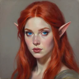 A detailed matte oil on canvas portrait of a beautiful elven woman with blue red eyes and red hair by greg rutkowski and Charlie bowater, trending on artstationhd,  dungeons and dragons art
