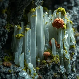 close - up shot on beautiful columnar crystal molybdenite in the cave, which were covered with moss and fungi. super clear details, ultra clear material. octane render. cinematic lighting, intricate details.