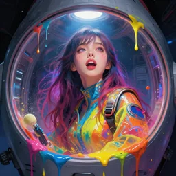 beautiful girl inside a spaceship, futuristic clothes, vibrant colors, beautiful face, rule of thirds, spotlight, drips of paint, expressive, passionate, by greg rutkowski, mid journey style, digital painting