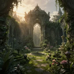 lush lovecraftian garden, beautiful sunrise, high - contrast, intricate, elegant, highly detailed, digital painting, artstation, concept art, smooth, sharp focus, illustration