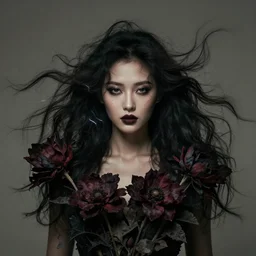 a goddess of dark flowers a queen of the seduction!! hair in the wind! with a beautiful symmetrical face!!! cinematic lightning, moody murky dusty deep, smoky eyes, isolated, studio lighting by tom bagshaw - h 7 6 8