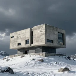 Small brutalist modern concrete building on a cold, snowy hill. Concept art, star citizen.