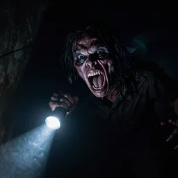 A vile creature in the dark is illuminated by a flashlight, scary scene, top horrible creature, horrible, horrors filmed on camera, teeth fangs and drool, jaw and tongue, man is terrified, fear, scream, terror, darkness, basement, 8k, hyper-realistic, ray tracing, night, flashlight