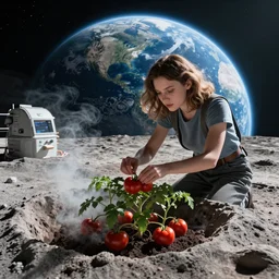gorgeous inspiring girl on the moon space station caring for tomato plants inside a crater filled with smoke, planet Earth in the sky by Craig Mullins, ilya kuvshinov, krenz cushart, artgerm trending on artstation by Edward Hopper and Dan Mumford and WLOP and Rutkovsky, carl spitzweg and moebius, Unreal Engine 5, Lumen, Nanite