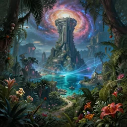 landscape by titian, galactic sci - fi san andreas matte painting junglepunk atlantis cyberpunk azeroth flowers liberty city laser sea, archdaily, wallpaper, highly detailed, trending on artstation.