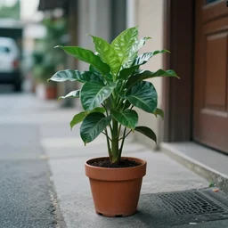 a houseplant going for a walk down a street in its pot realistic cinematic 3 5 mm