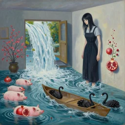 painting of flood waters inside an apartment, tall female emo art student, a river flooding through a wall, tangelos, zen, pigs, ikebana, water, river, rapids, waterfall, black swans, canoe, pomegranate, berries dripping, acrylic on canvas, surrealist, by magritte and monet