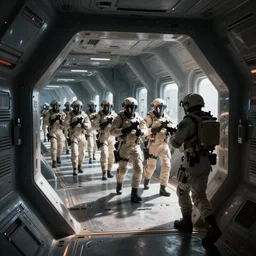 sci-fi cinematography of space soldiers moving tactical formation through spaceship corridor. By Emmanuel Lubezki