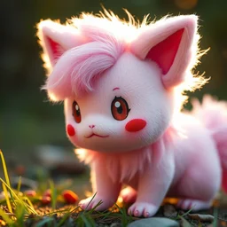 real life pokemon clefairy, adorable, fluffy pink hair, ultra realistic, golden hour, sharp focus