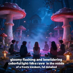“gloomy flashing and bewildering colorful lights fill a private rave in the middle of a frosty mushroom kingdom, hd detailed” -3