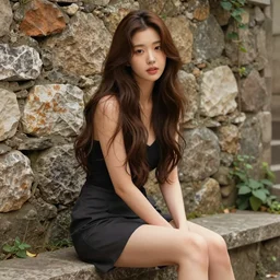 portrait of beautiful young korean woman with long brown hair, sitting on stone wall, digital art by tom chambers, vibrant color scheme, intricately detailed, in the style of romanticism, cinematic, artstation,