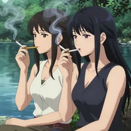 two beautiful lesbian girls in love, smoking a hemp cigarette with smoke, sitting in front of a lake, in the style of anime, close - up, pixiv, intricate, elegant, highly detailed, lush, stylized, japanese, smooth