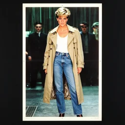 a 1 9 9 0's acid wash grunge poster of princess diana in a jnco jeans and a trench - coat inside the matrix