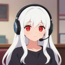 anime visual of a cute girl, with + ( ( red eyes ) ) + long white hair + ( ( wearing a headset ) ), poster by ilya kuvshinov, trending on artstation, flat cel shaded, ( ( in her room interior ) ) as background