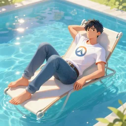 tracer from overwatch relaxing in jeans and a t - shirt on a floating pool chair, sunny, bright, reflections, intricate, sharp focus, lens flare, bloom, illustration, highly detailed, digital painting, concept art, matte, art by ruan jia and wlop and greg rutkowski, masterpiece