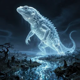 a giant translucent lizard ghost, eerie, greek fantasy panorama, a magnificent ghost giant above the magic shining river styx, at night, otherworldly, ghost giant above the horizon, stanley kubrick, 1 7 mm, wide shot, surreal, deep