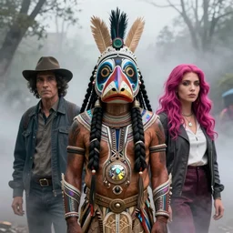 a Edgy portrait of a Selk'nam by Boris Artzybasheff, John Kricfalusi, Mark Ryden and Lisa Frank, Award winning photo, iridiscense, Houdini algorithmic generative render, Accurate and detailed, sharp focus, octane render 8k , Fog, zoom out,