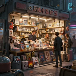 2 k, 4 k, coherent store scene, volumetric, focus on objects, masterpiece, beautiful highly detailed postmodern cyberpunk art bazaar, miscellaneous art shoppe stall, interior, cinematic colors, welcoming, into the shop, realistic shaded lighting poster by ilya kuvshinov, magali villeneuve, artgerm, jeremy lipkin and michael garmash, liminal space market