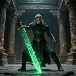vfx film, soul reaver, raziel irl, price of persia movie, missing jaw, hero pose, devouring magic souls, scarf, glowing green soul blade, in epic ancient sacred huge cave temple, flat color profile low - key lighting award winning photography arri alexa cinematography, hyper real photorealistic cinematic beautiful, atmospheric cool colorgrade
