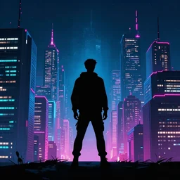 one man silhouette standing in front of a cyberperunk city, neon lights, night, very beautiful, trending on deviantart,