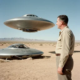 Ted Cruz examining a crashed UFO in a New Mexico desert. 1940s photograph.