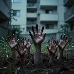 photo of hands emerging from the ground at an apartment, japanese horror, eerie atmosphere, fear, mystery, dramatic, 8 k uhd