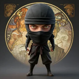 wide angle full body portrait shot of a masked ninja, highly detailed face, detailed eyes, alphonse mucha, rhads, ross tran, artstation, artgerm, octane render, 1 6 k