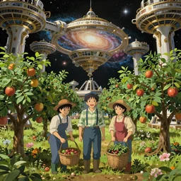 portrait of symmetrical friendly farmers, with detailed smiling faces, harvesting an orchard on a space station, with fruit trees, supported by advanced elegant machinery, near a galaxy, insanely detailed and intricate, golden ratio, elegant, ornate, elite, haunting, 30mm, cinematic, trending in cgsociety, unreal engine, 8k, miyazaki, vivid and vibrant