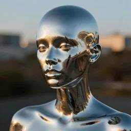 a close up cropped photo of a chrome woman by hajime sorayama, 4 k, golden hour, ƒ / 8, focal length : 5 0 mm, hyper detailed